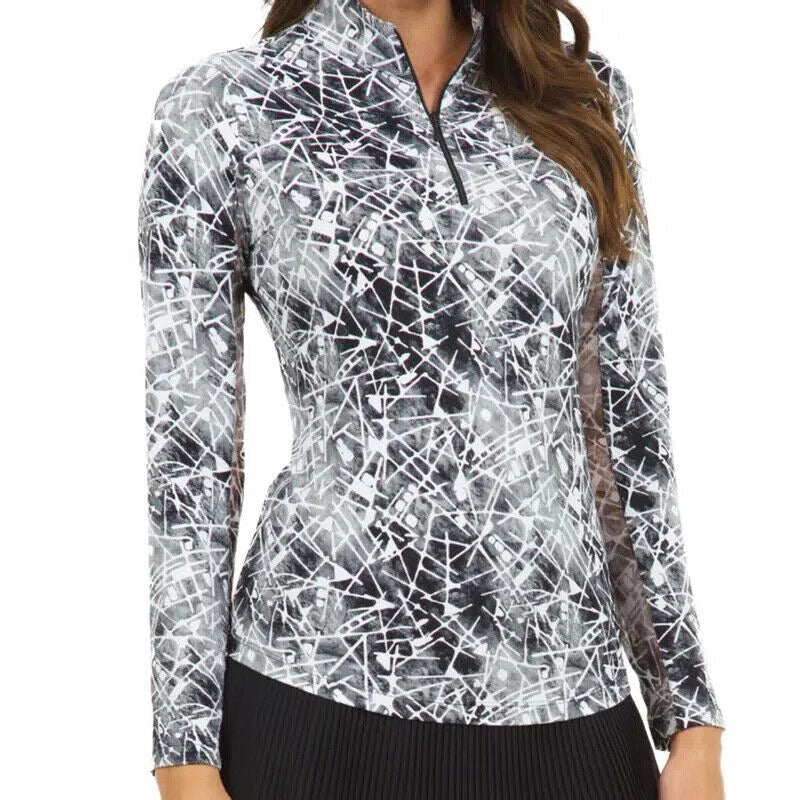 New Ibkul Women's Evie Print Long Sleeve Zip Mock Sun Shirt Size M MSP$100