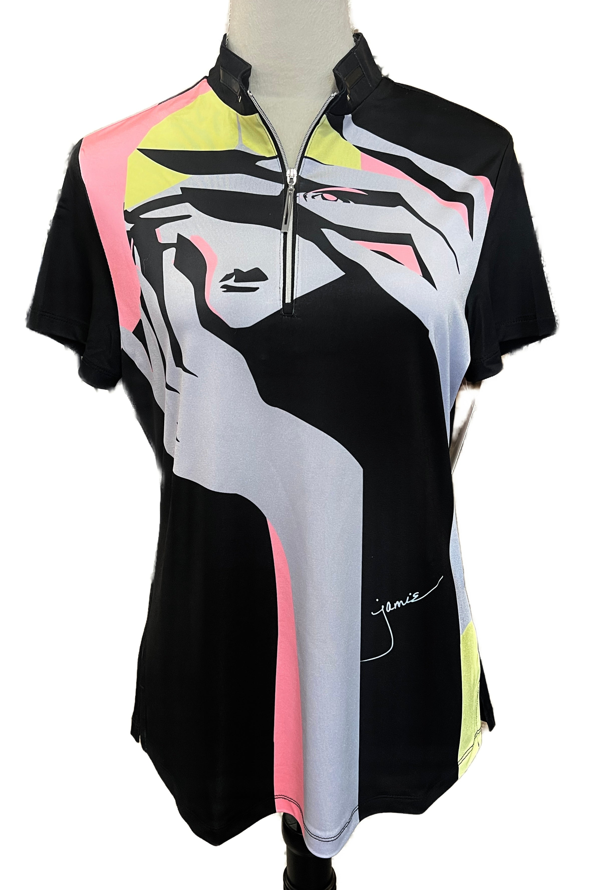 Jamie Sadock Black, Pink, Gray & Yellow Short Sleeve Golf Top Size M. MSP$90