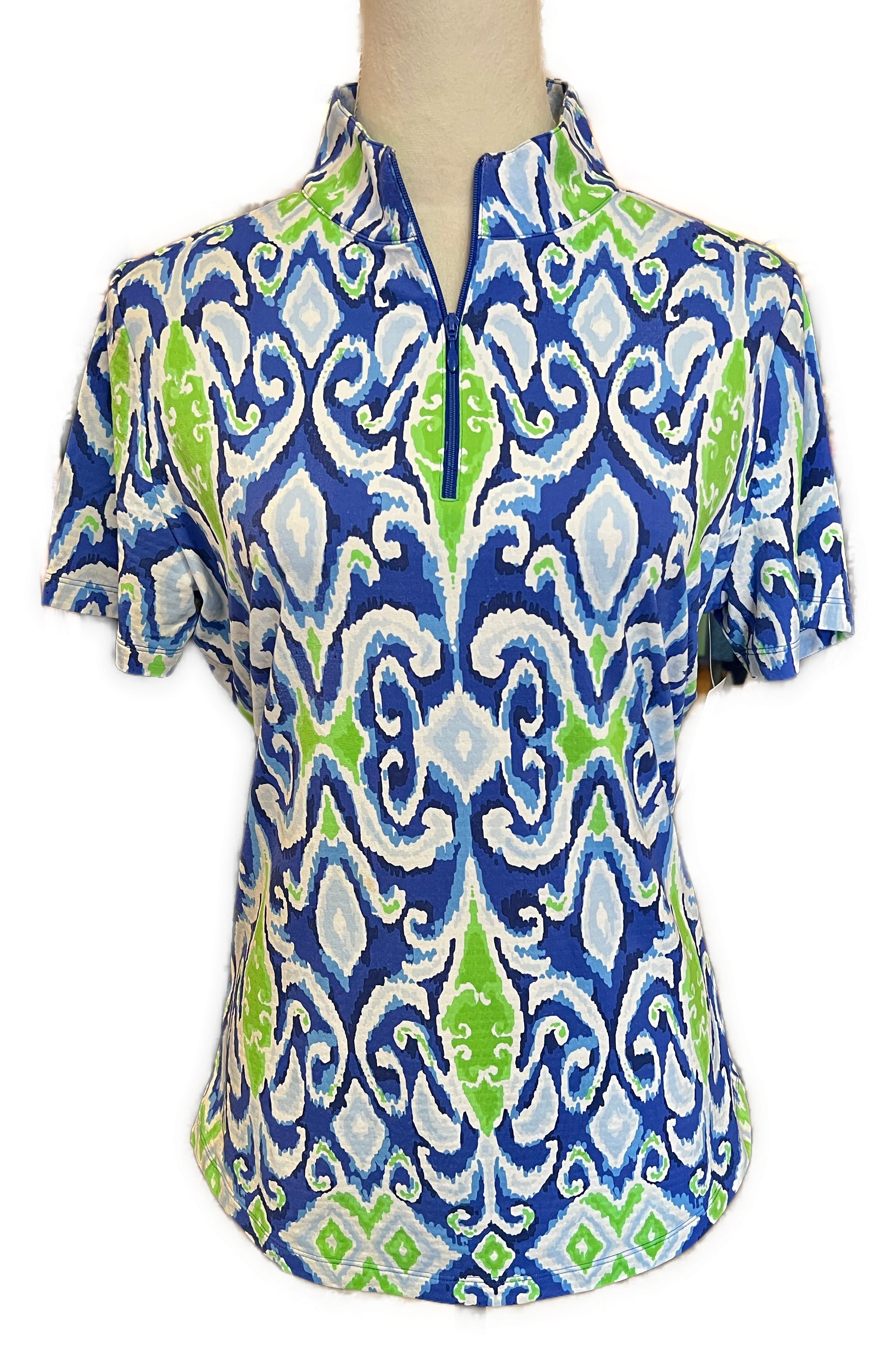 Ibkul Women's Blue and Lime Print Short Sleeve Golf Top Size M MSP$94