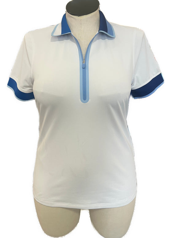 New Women's G/Fore Zip Tech Pique Golf Polo White/Blue MSP$130