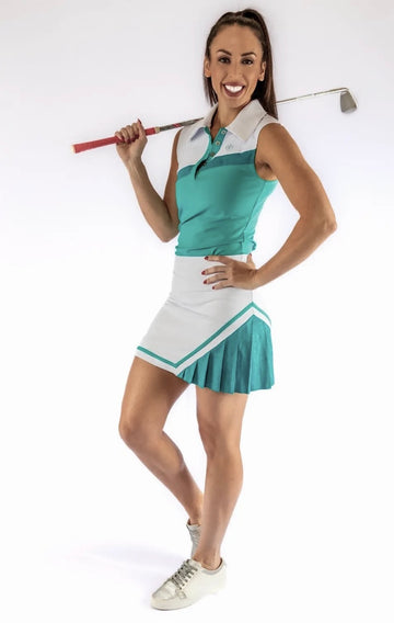 New Ashley Herrera White & Teal Side Pleated Golf Skort - 0