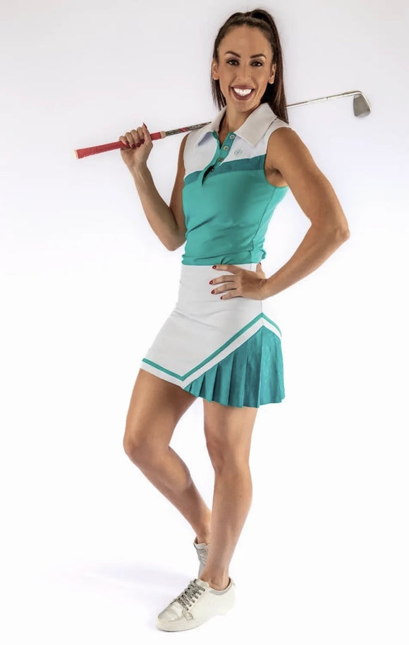 New Ashley Herrera White & Teal Side Pleated Golf Skort