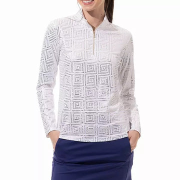New San Soleil Foil Print Mock Neck Golf Pullover - Infinity White Gold MSP$104