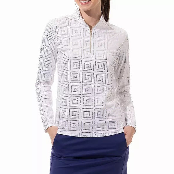 New San Soleil Foil Print Mock Neck Golf Pullover - Infiity White Gold MSP$104