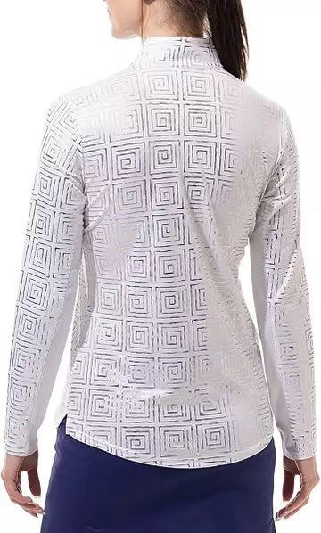 New San Soleil Foil Print Mock Neck Golf Pullover - Infinity White Gold MSP$104 - 0