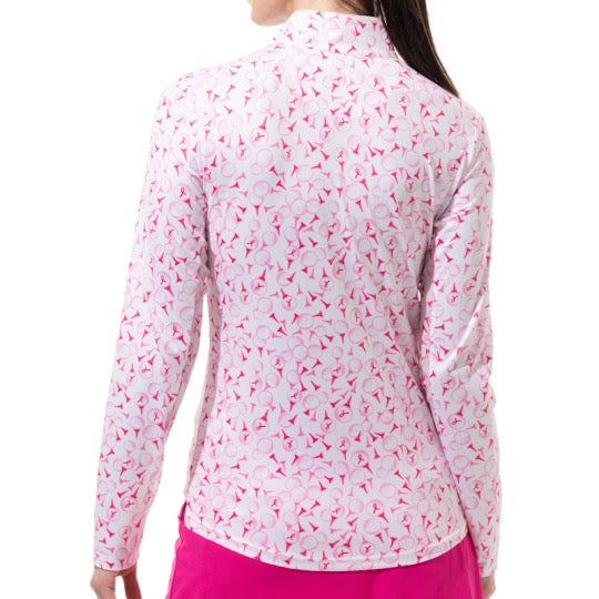 New SanSoleil Ladies & Plus Size SOLCOOL Print Long Sleeve Zip Mock Golf Sun Shirts - Play 4 Pink MSP$104