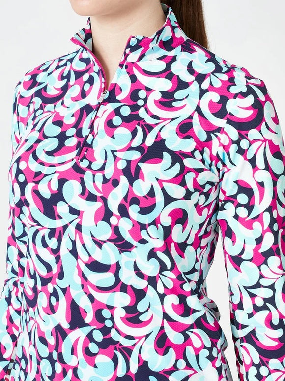 New SanSoleil Women's SolTek LUX 1/4 Zip Golf Sun Shirt  - Palazzo Fuchsia Size S MSP$104