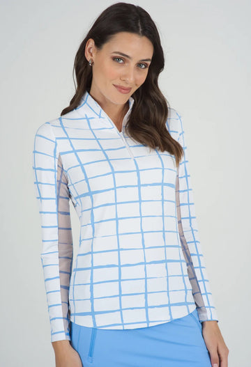 Ibkul Women's Cordova Periwinkle Print Long Sleeve Sun Shirt MSP$100
