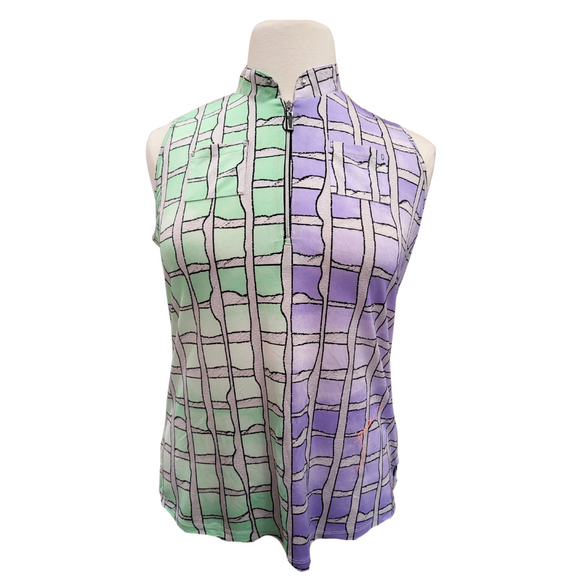 Jamie Sadock Green & Lavender Halved Sleeveless Golf Mock Neck Top Size XL