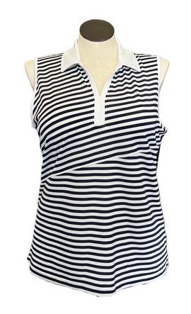 NEW Izod Women's Y-neck Navy & White Striped Sleeveless Golf Polo Size XL MSP$56