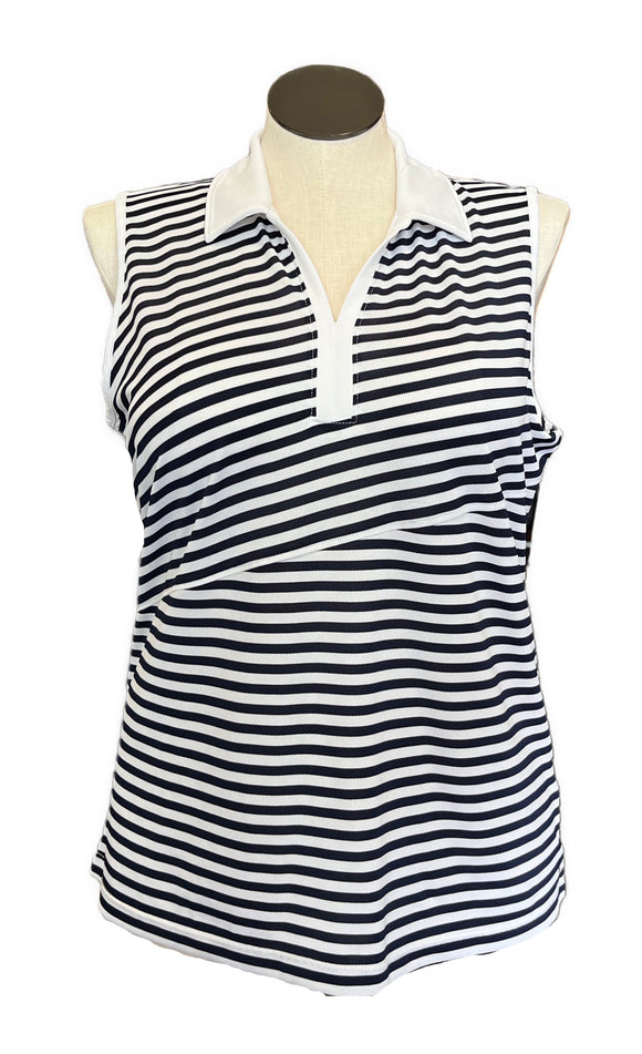 NEW Izod Women's Y-neck Navy & White Striped Sleeveless Golf Polo Size XL MSP$56