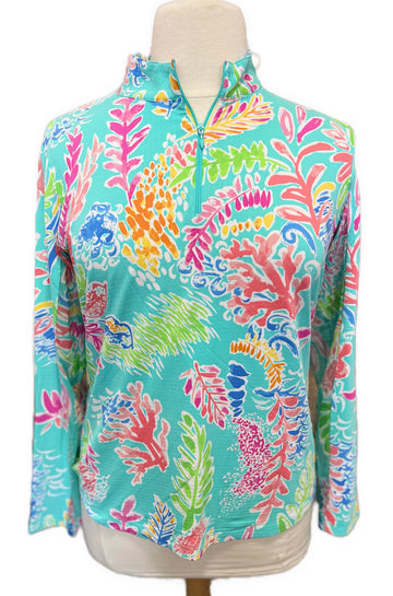 Ibkul Women's Blue Sea Print Long Sleeve Zip Mock Sun Shirt Size XL
