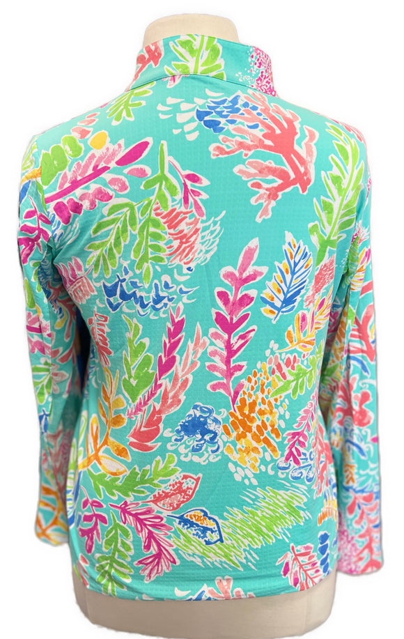 Ibkul Women's Blue Sea Print Long Sleeve Zip Mock Sun Shirt Size XL