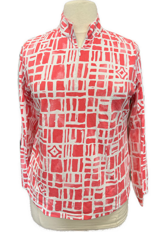 Ibkul Women's Coral Print Zip Mock Longsleeve Sun Shirt Size XL MSP$100