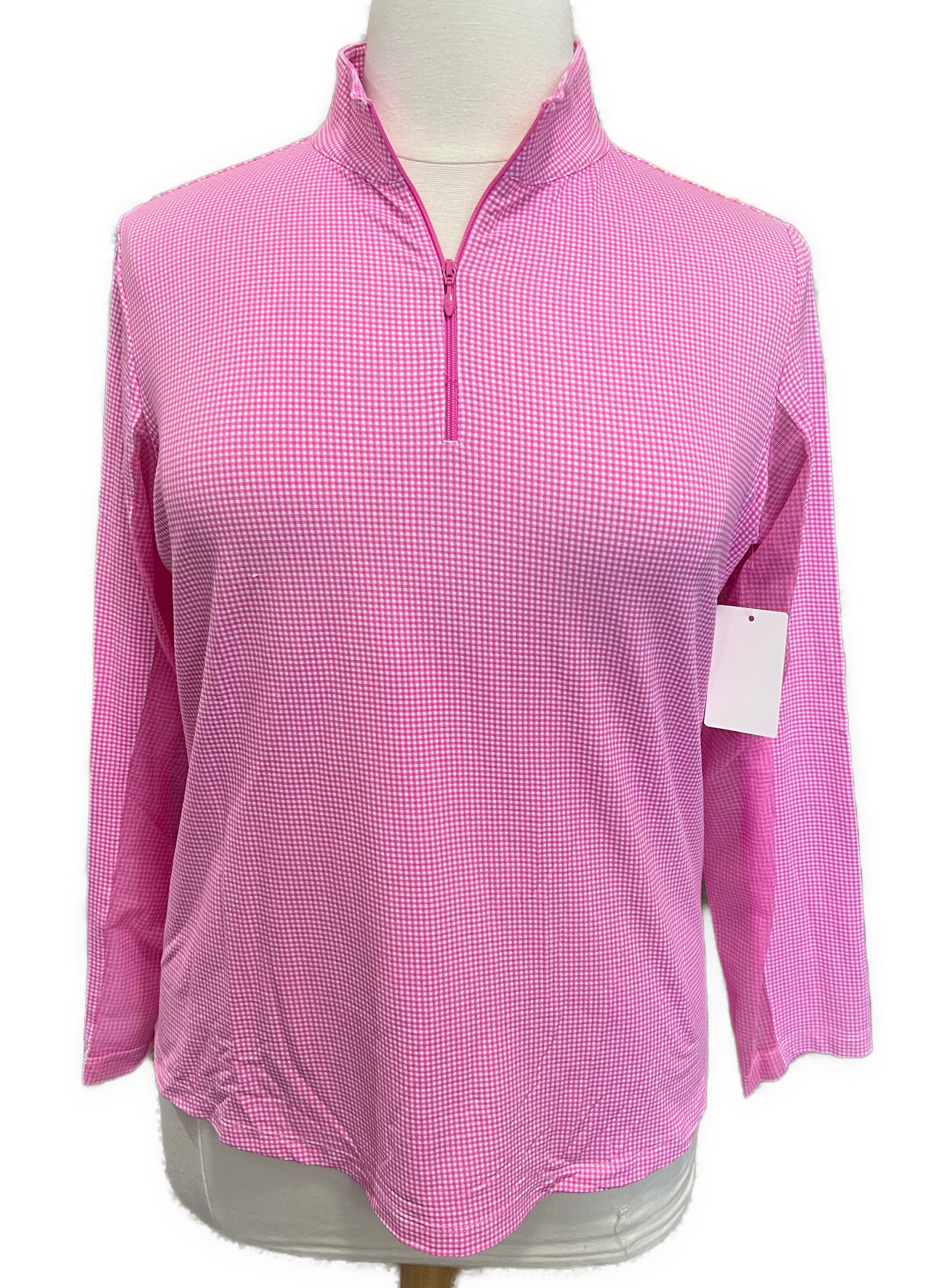 Ibkul Women's Pink MIni Check Long Sleeve Zip Mock Sun Shirt SIze XL MSP$100