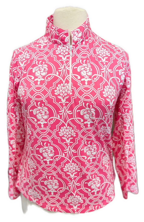 Ibkul Women's Pink Floral Long Sleeve Zip Mock Sun Shirt Size XL