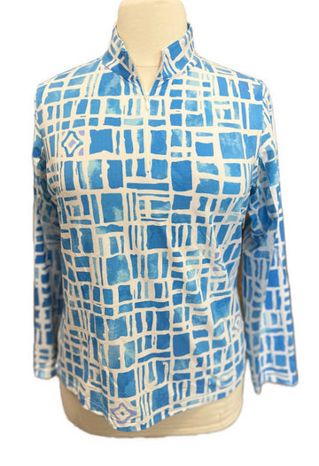 Ibkul Women's Powder Blue & white Long Sleeve Zip Mock Sun Shirt Size XL