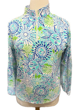 Ibkul Women's White, Lime & Blue Sun Print Long Sleeve Sun Shirt Size XL