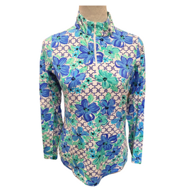 Ibkul Teal Blue Floral & Link Printed Women's Long Sleeve Sun Shirt Size S