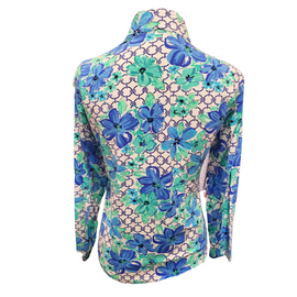 Ibkul Teal Blue Floral & Link Printed Women's Long Sleeve Sun Shirt Size S - 0