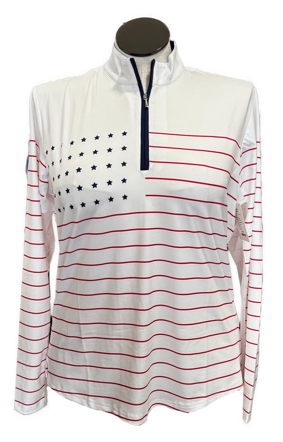 New San Soleil Solcool Old Glory Print Long Sleeve Zip Mock Sunshirt MSP$104