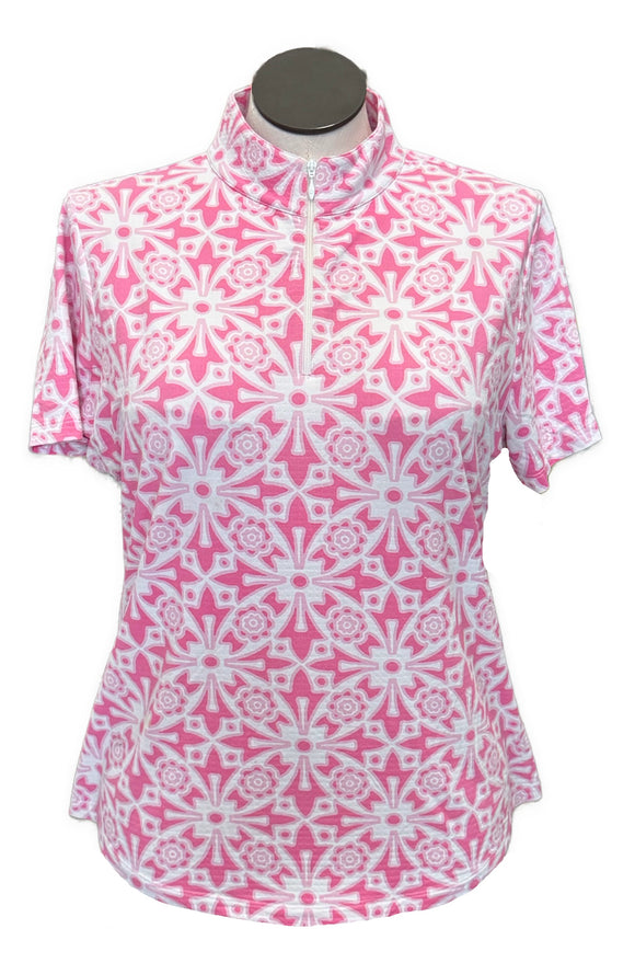 Ibkul Pink Geometric Floral Patterned Women's Short Sleeve Size XL MSP$91