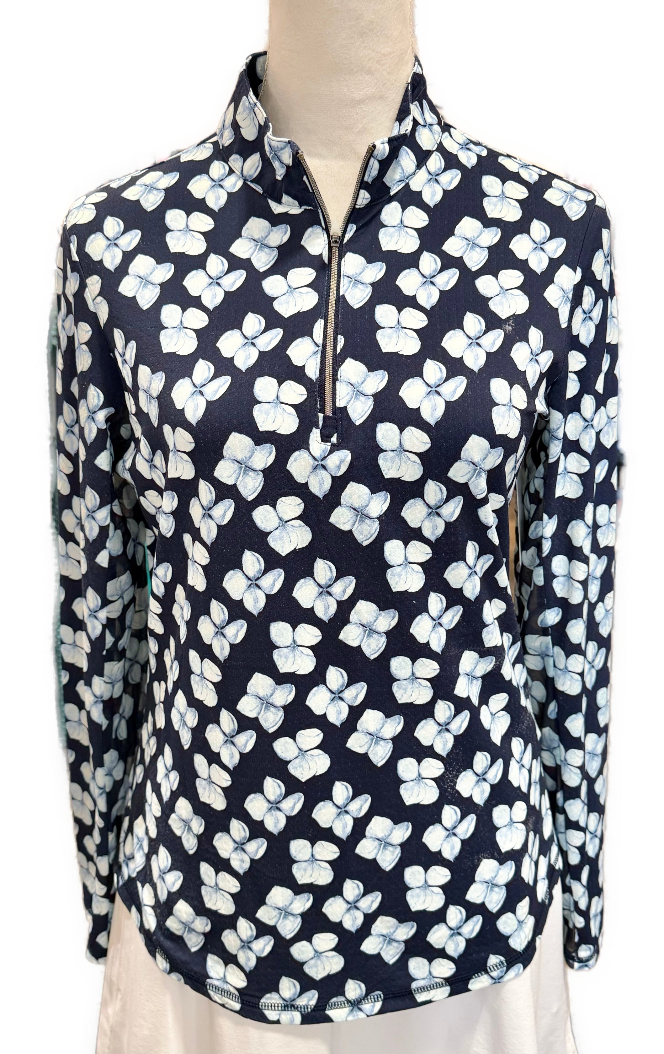Adair Active Navy Floral Print 1/4 Zip Mock Sun Shirt Size M MSP $98