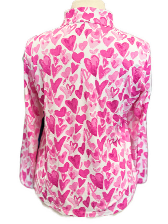 Ibkul Women's Pink Hearts Long Sleeve Zip Mock Sun Shirt Size XL