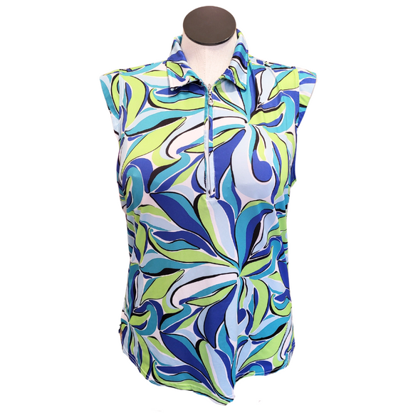 San Soleil Women's Sleeveless Golf Top in Blue, Lime & White Floral Print Size XL MSP$92