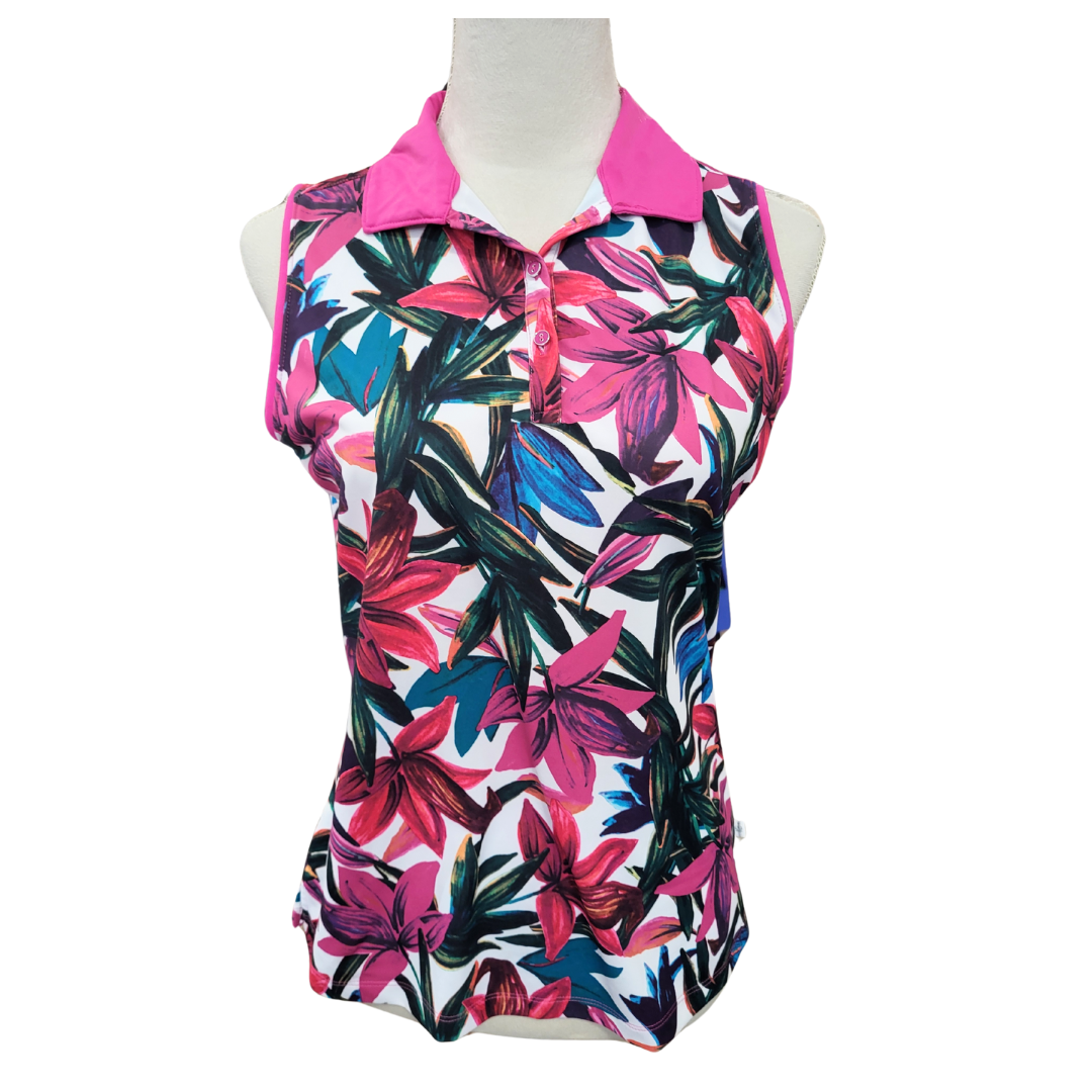 Lady Hagen Multicolor Inked Floral Sleeveless Polo Size S