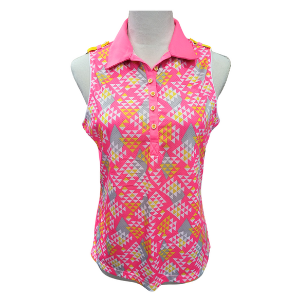 Golf American Neon Pink, Gray & Yellow Geometric Triangle Print Sleeveless Top Size M