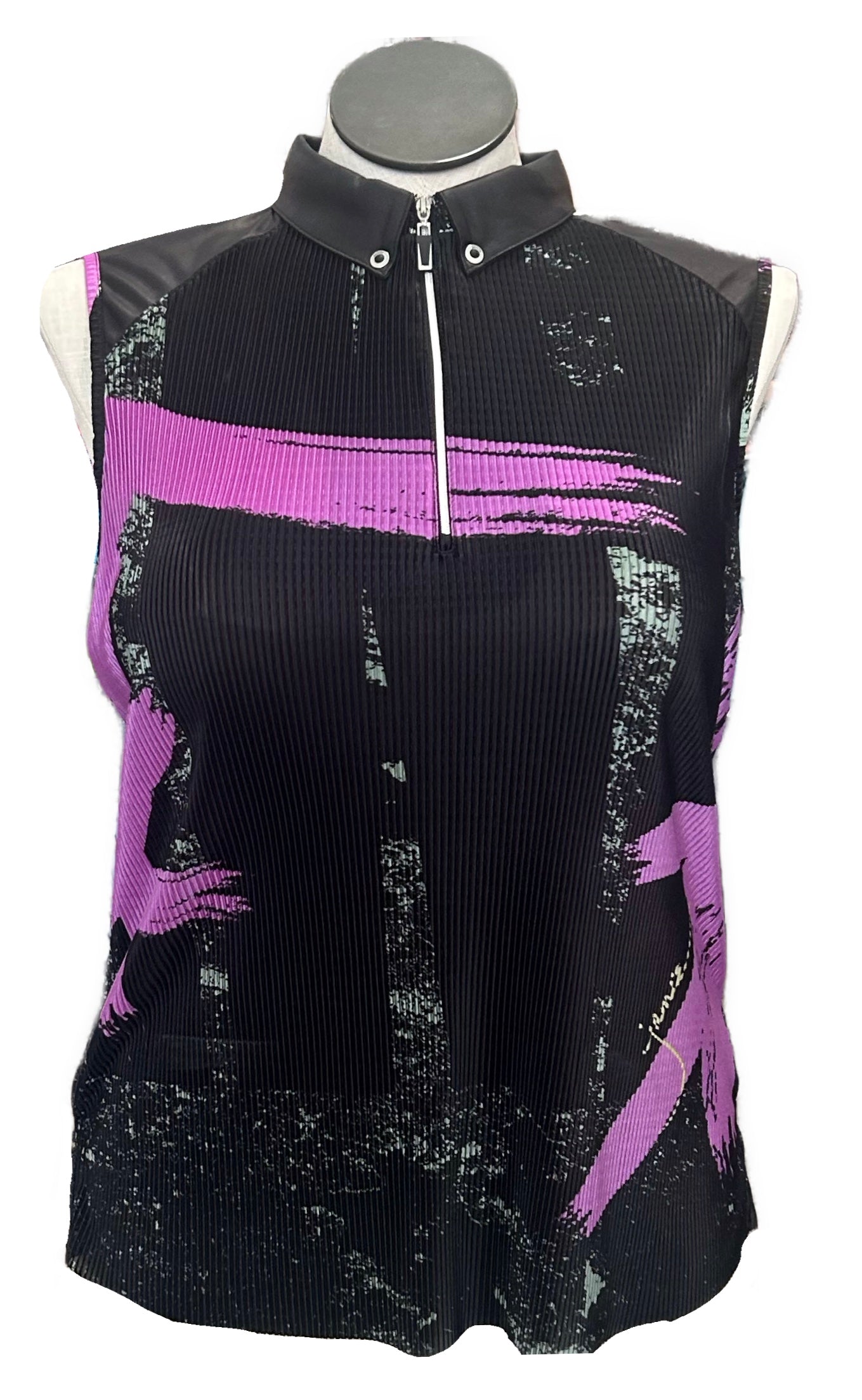 Jamie Sadock Black & Purple Crinkle Sleeveless Golf Top Size L MSP$90