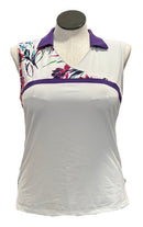 Lady Hagen White & Purple Sleeveless Women's Golf Polo w/Floral Accents Size L-1