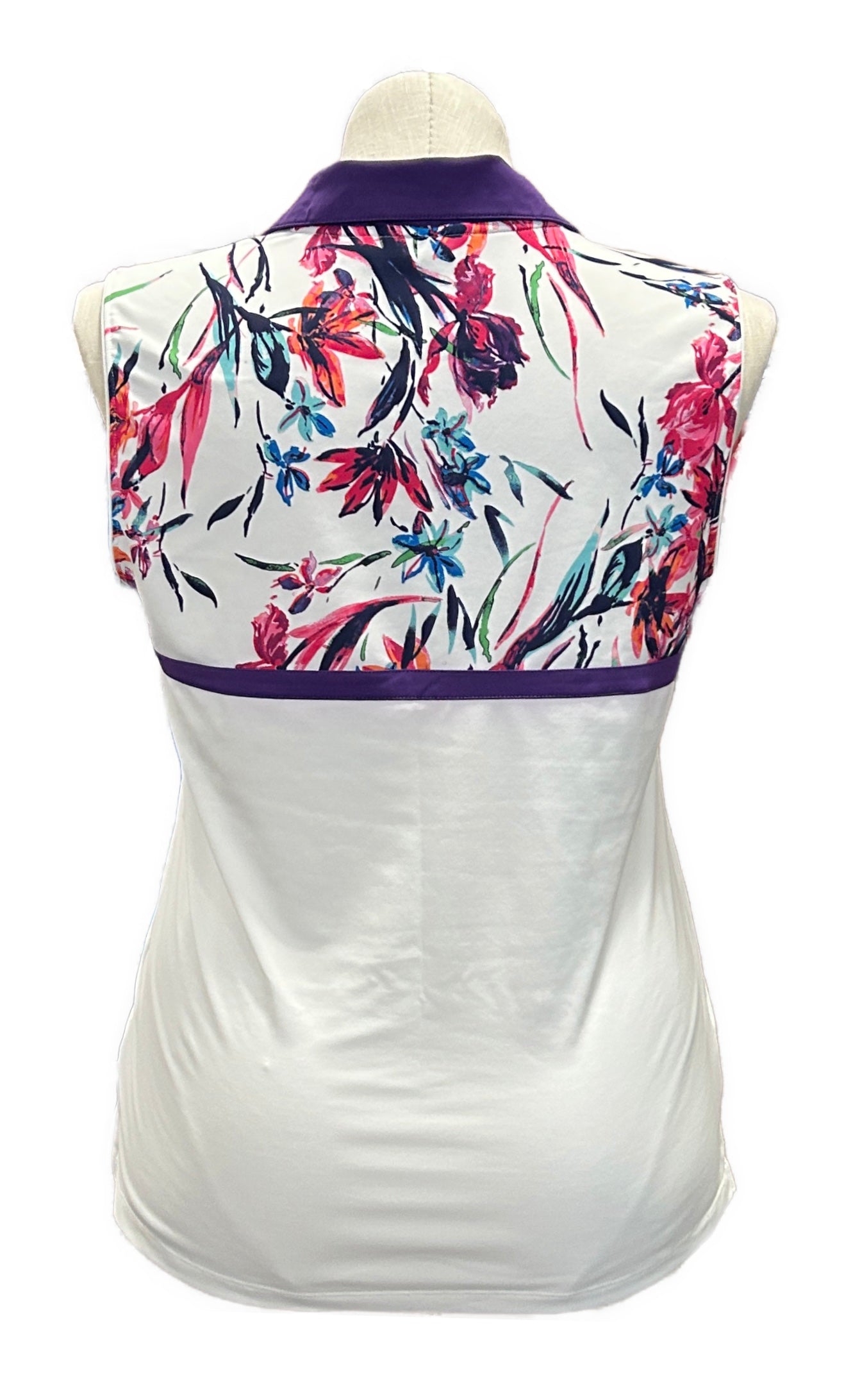 Lady Hagen White & Purple Sleeveless Women's Golf Polo w/Floral Accents Size L - 0