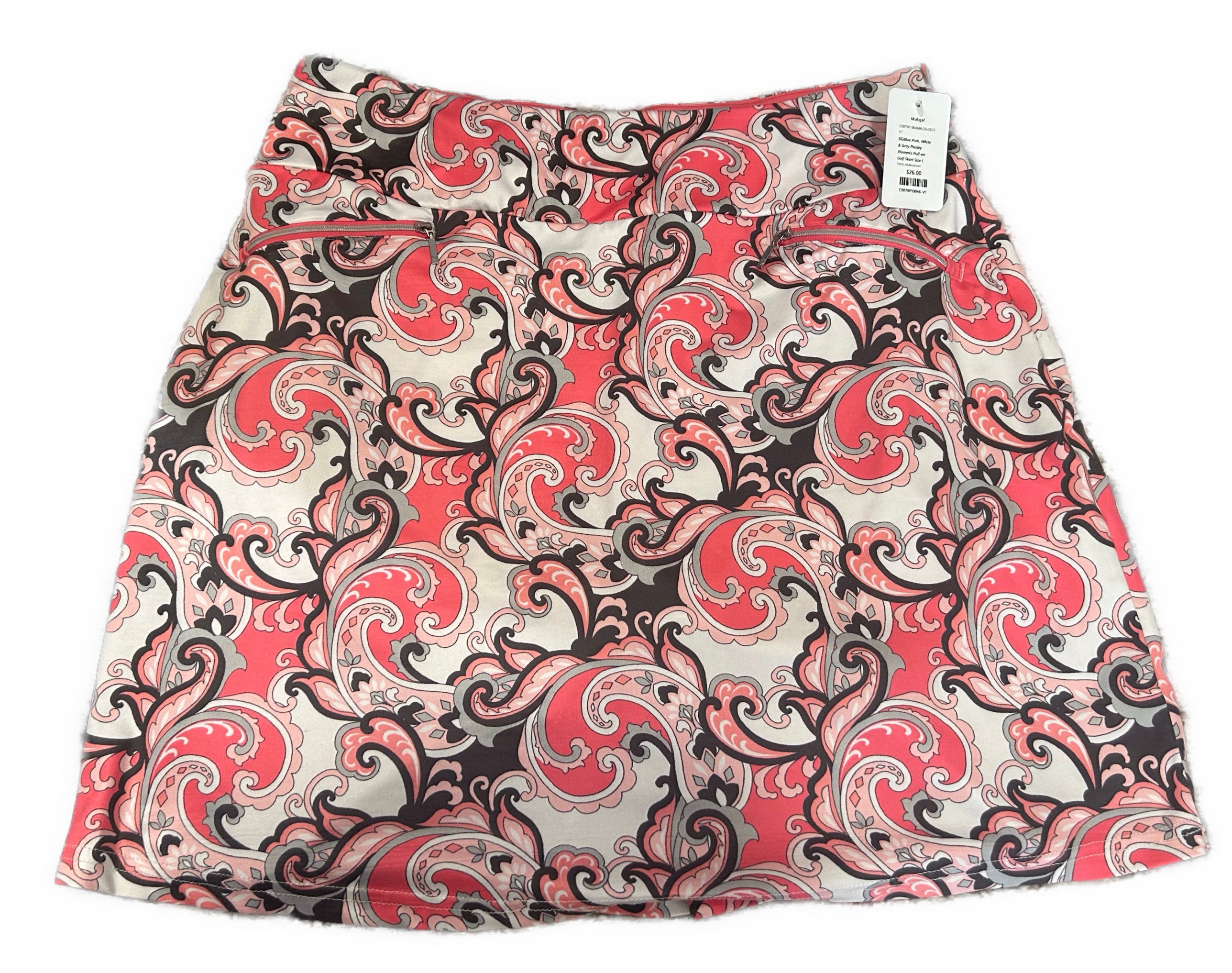GGBlue Pink, White & Gray Paisley Women's Pull-on Golf Skort Size L
