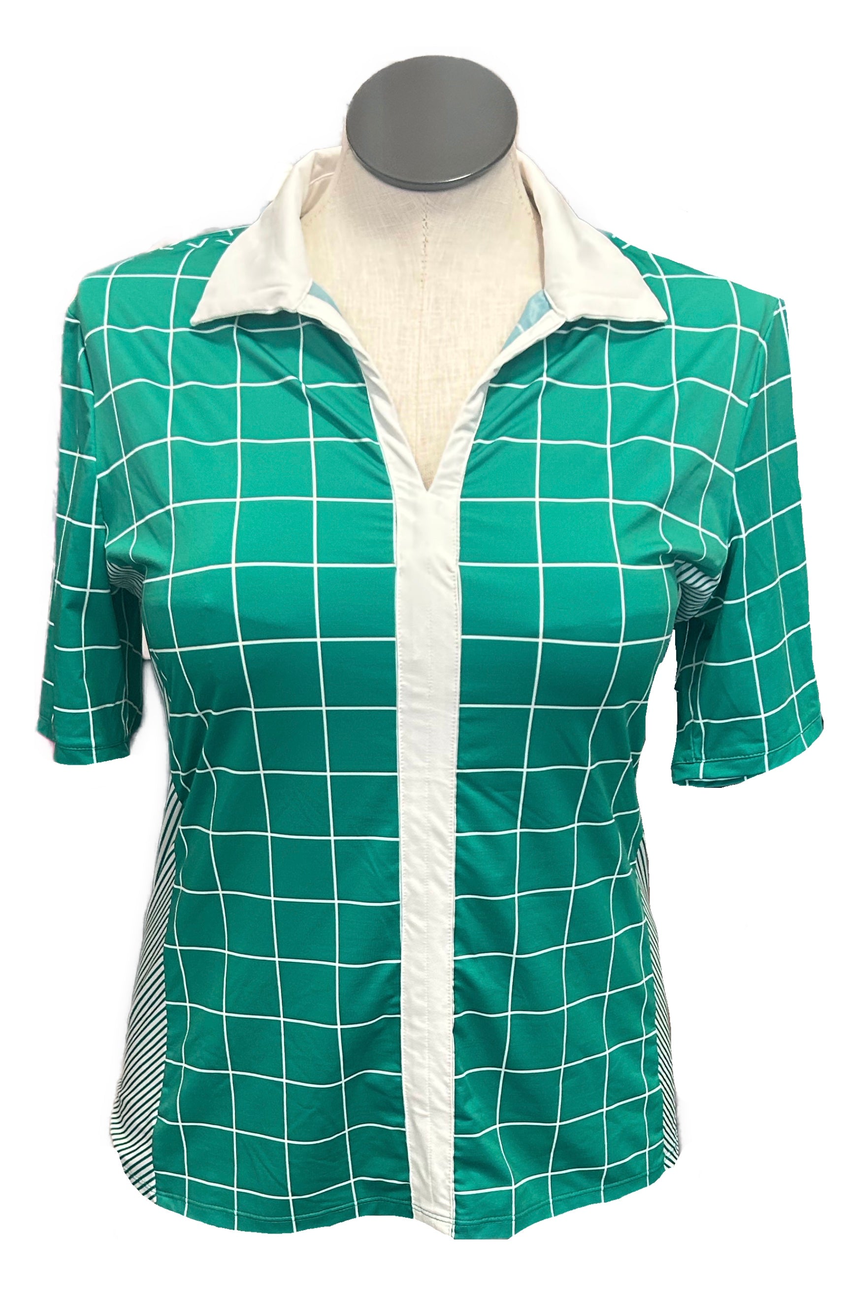 Kinona Green & White Square Patterned Women's Short Sleeve Golf Top Size L