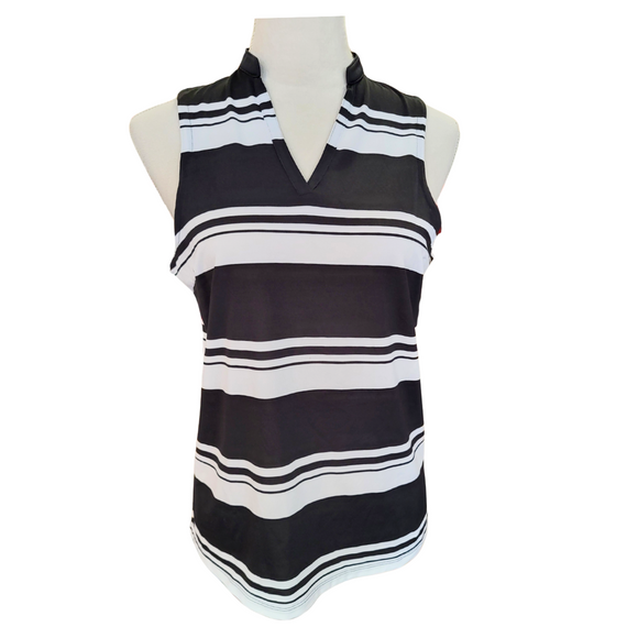 Women's Puma Cloudspun Black w/White Stripe V-neck Mini Mock Sleeveless Golf Top Size M MSP$65