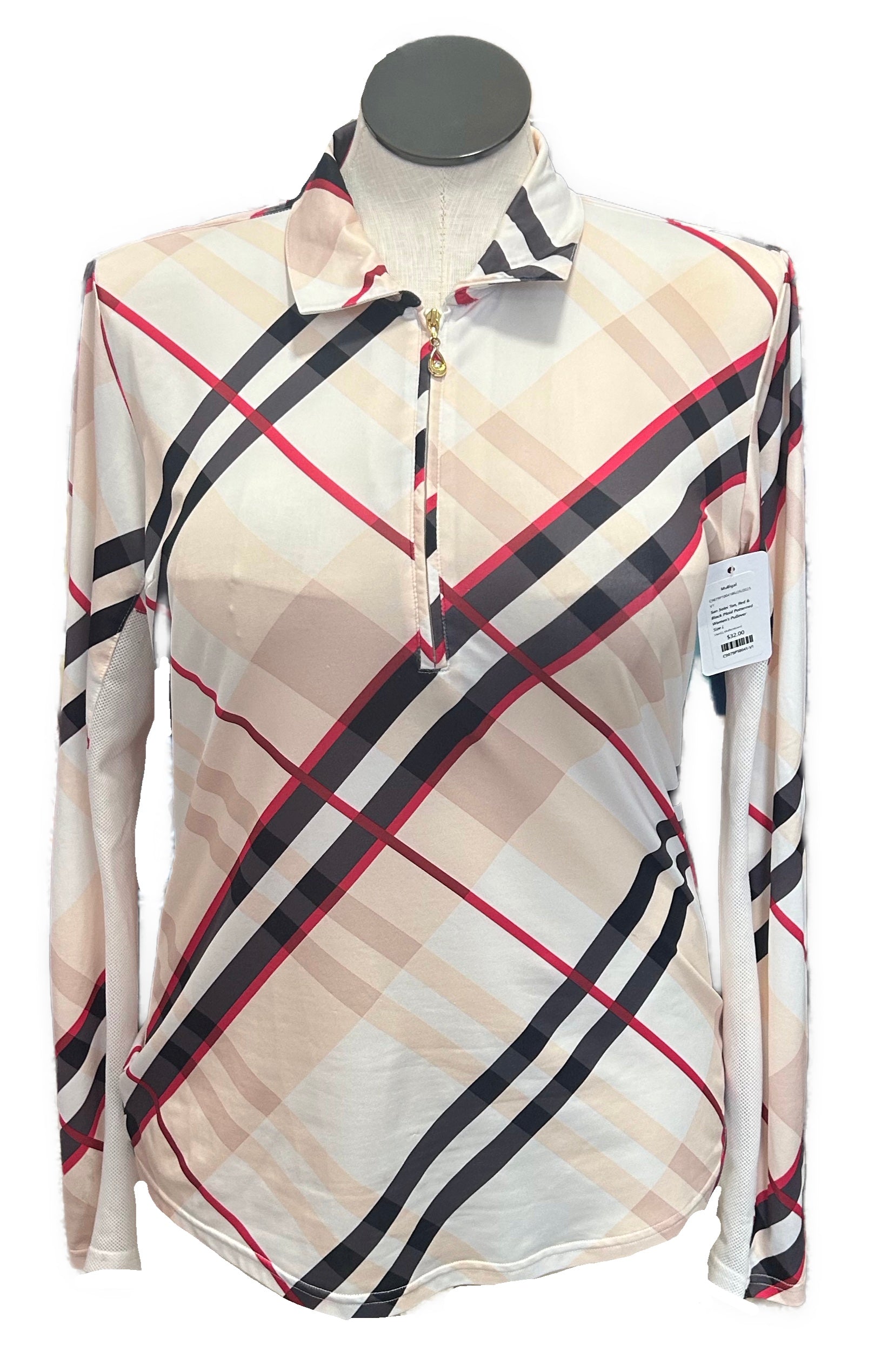 San Solei Tan, Red & Black Plaid Patterned Women's Pullover Size L