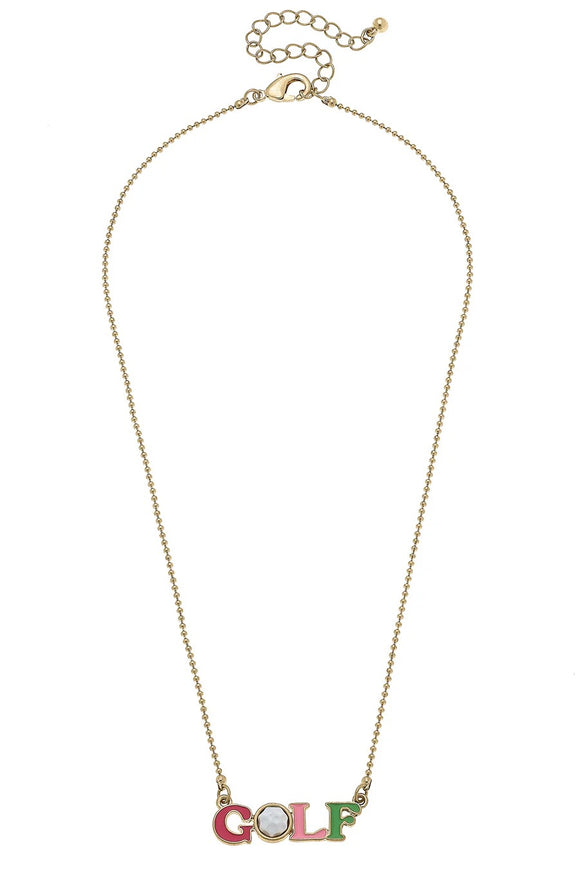 New Canvas Style GOLF Enamel Necklace in Pink & Green