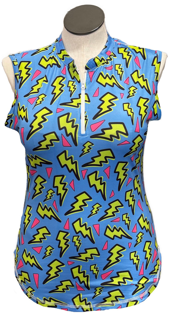 Proud 90 Blue & Yellow Lightning Bolt Patterned Women's Sleeveless Golf Top Size L