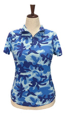 Women's Ibkul Blue Camo Style Short Sleeve Golf Top Size S MSP$94-1