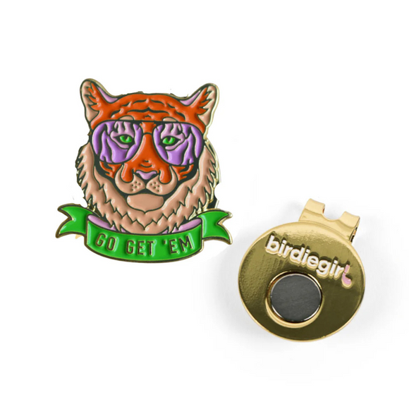 New Birdie Girl Go Get 'Em Tiger Golf Ball Marker with Magnetic Hat Clip