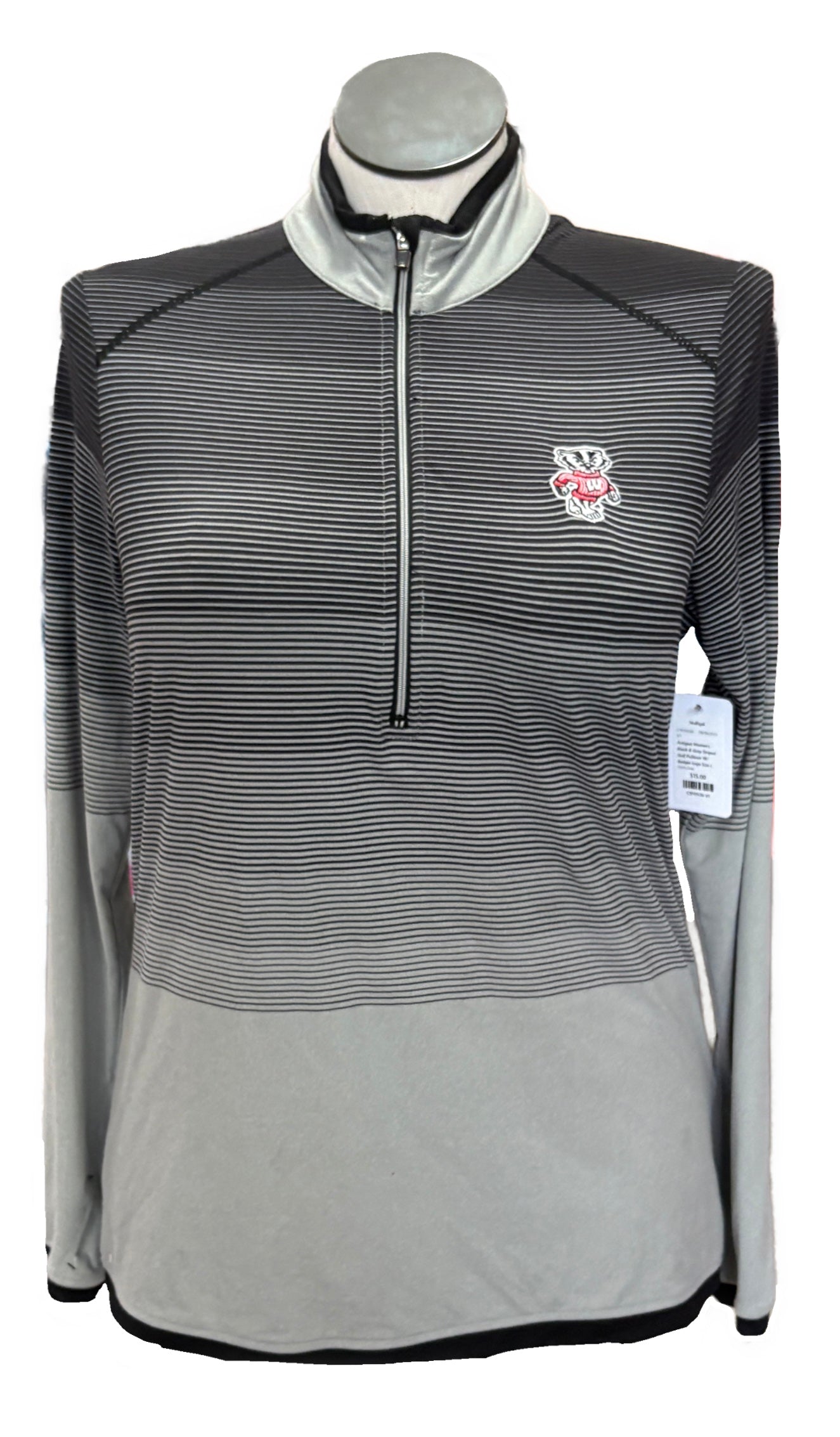 Antigua Women's Black & Gray Striped Golf Pullover W/ Badger Logo Size L