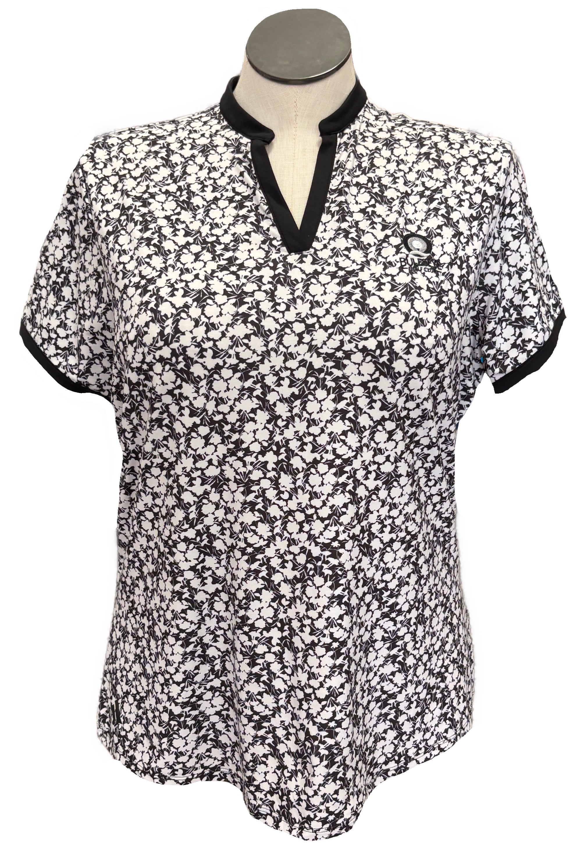 Adidas Black & White Flower Print Women's Short Sleeve Golf Top w/Logo Size XL