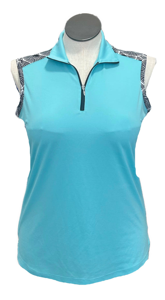 Bermuda Sands Aqua & Geometric Floral Fan Print Sleeveless Top MSP $80