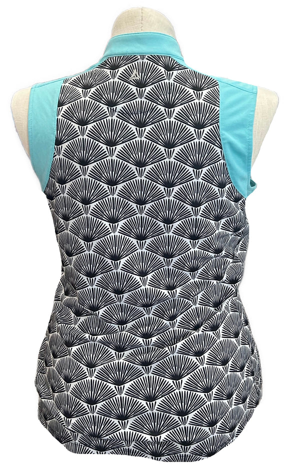 Bermuda Sands Geometric Floral Fan w/ Aqua Sleeveless Collared V-Neck Size L MSP $80