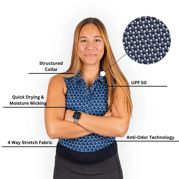 New 2Putt Women's Blue Floral Sleeveless Golf Polo
