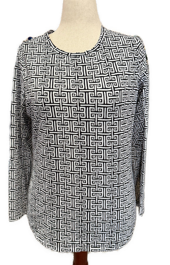 Ibkul Women's Black Greek Key Print Longsleeve Crew Sun Shirt Size L MSP$90