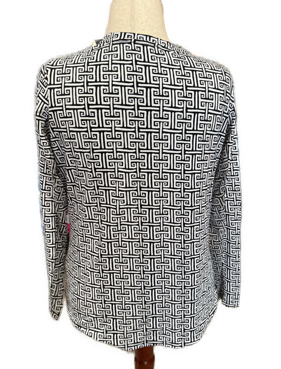 Ibkul Women's Black Greek Key Print Longsleeve Crew Sun Shirt Size L MSP$90