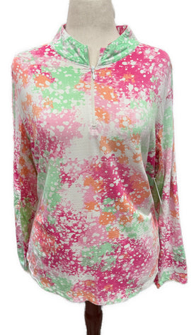 Ibkul Green & Pink Splatter Long Sleeve Mock Sunshirt Size XXL